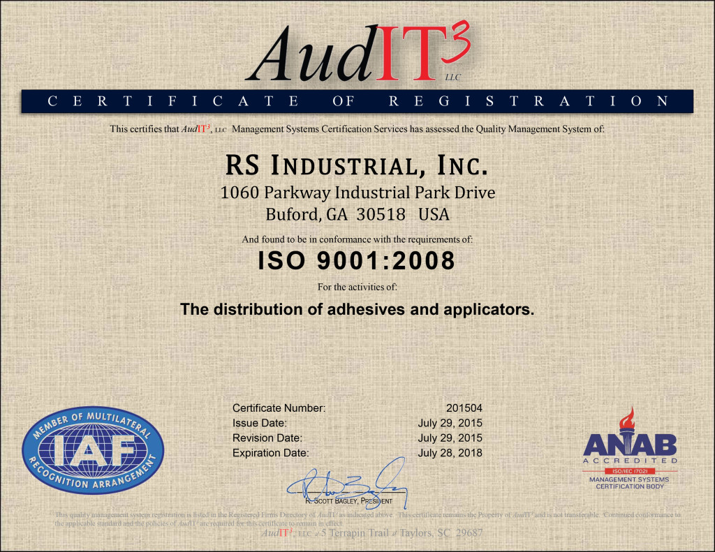 ISO Certification ISO 9001:2008 certified for the distribution of adhesives and applicators